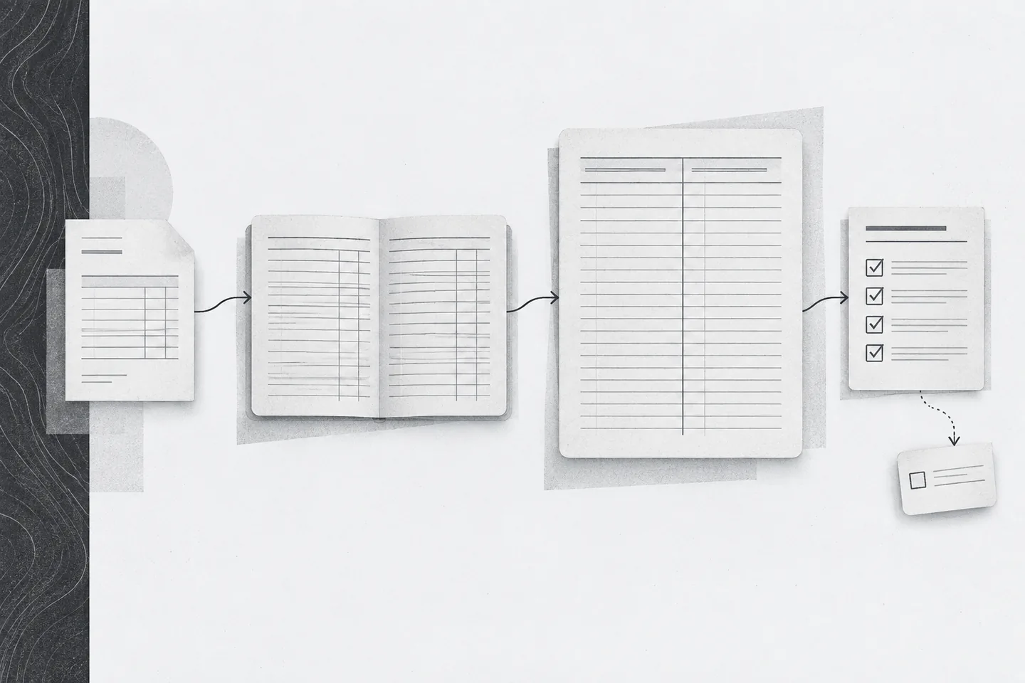 Grayscale illustration connecting an invoice, open journal, two-column ledger and monthly review checklist, with a separate unchecked exception slip.