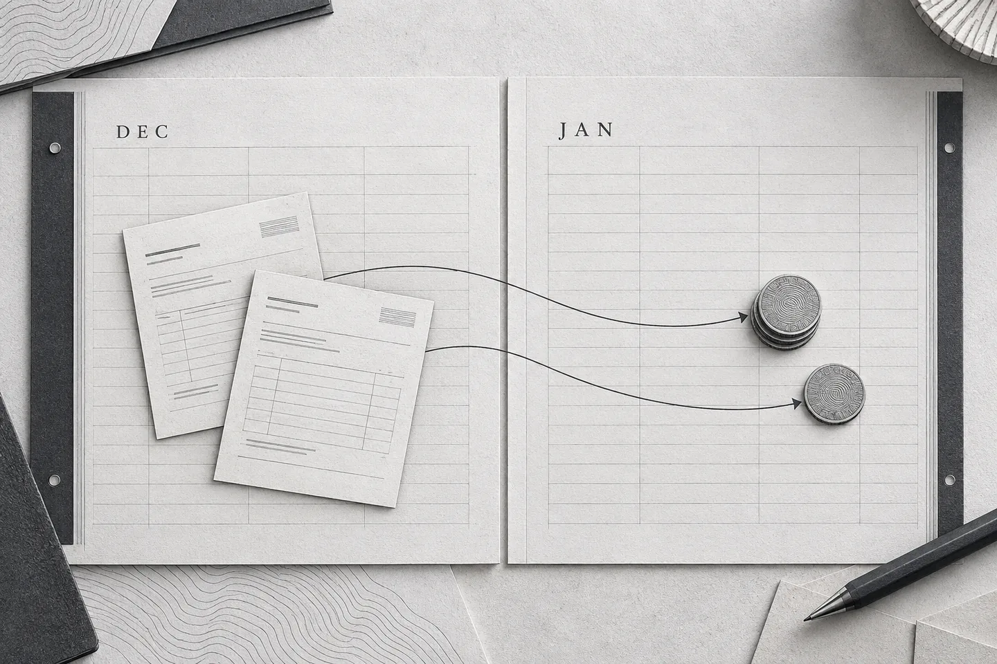 Charcoal-and-white illustration of two invoice slips on a December ledger, with curved arrows leading to coin tokens on a January ledger to show payment timing.