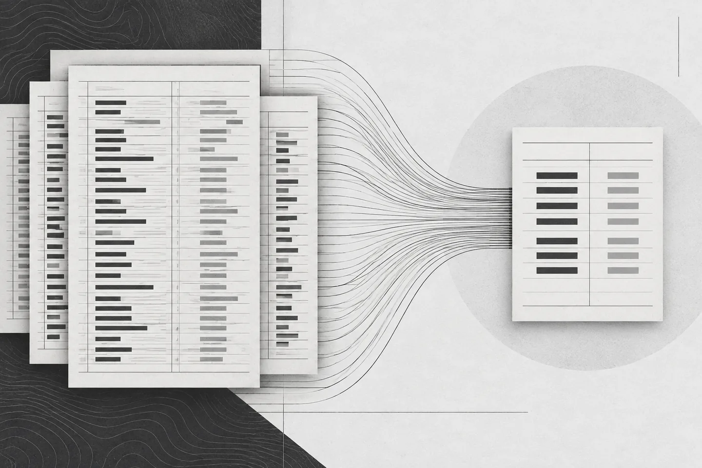 Charcoal and gray ledger sheets with rows of transaction marks connected by fine lines to a compact trial-balance summary.